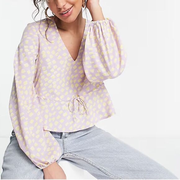 ASOS Vera Moda Tie Waist Blouse in Lilac and Yellow Geo Pattern- Size S - Picture 1 of 7